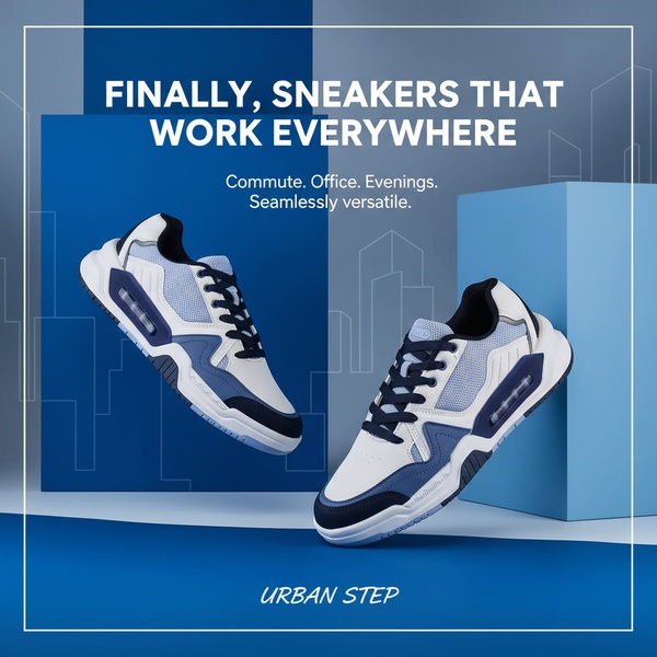 sneakers, athletic shoes, running shoes, casual shoes, trainers, product launch, brand awareness, minimalist, modern typography, trustworthy, bold, blue, neutral